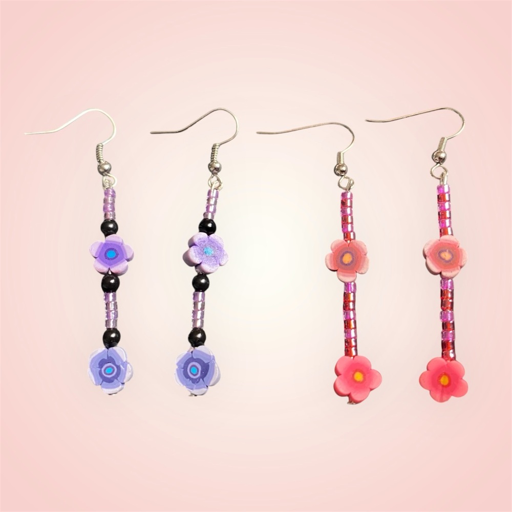 Handmade Multicolored Pink & Purple Beaded Floral Dangle Drop Earrings (2)